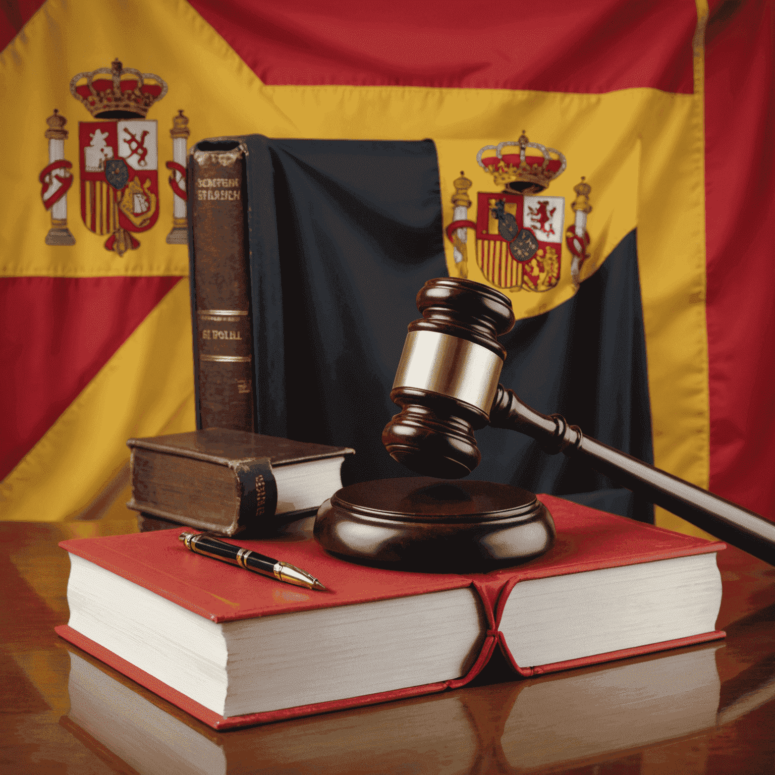 Imagen que muestra un mazo de juez, libros de leyes y la bandera española, representando las recientes reformas legales en España
