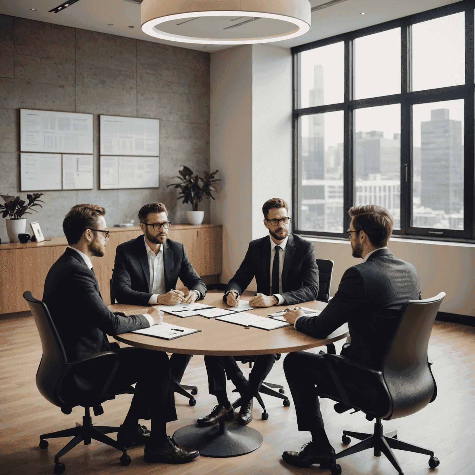 Abogados discutiendo contratos empresariales en una sala de reuniones moderna