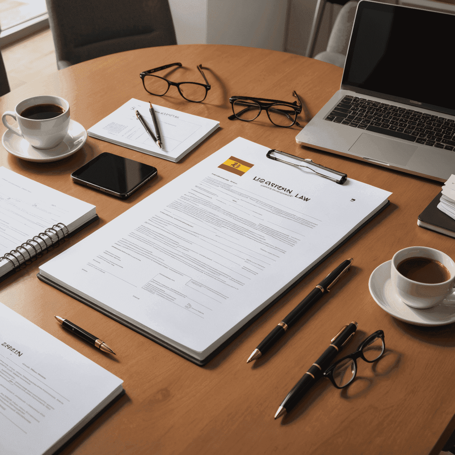 Imagen que muestra un escritorio con documentos legales, una laptop y un logo de una empresa española, representando la navegación del derecho empresarial en España