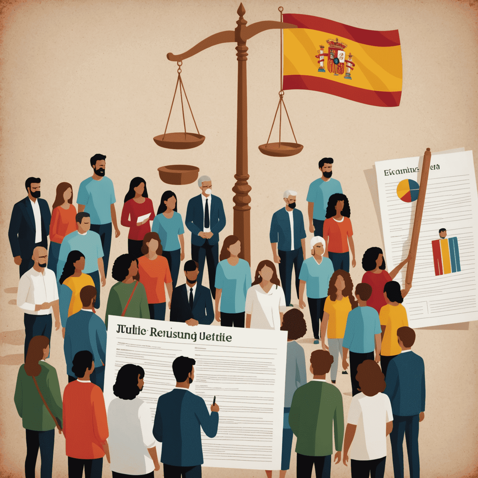 Imagen que muestra una balanza de la justicia, un documento de derechos humanos y personas diversas, representando las actualizaciones en derechos individuales en España